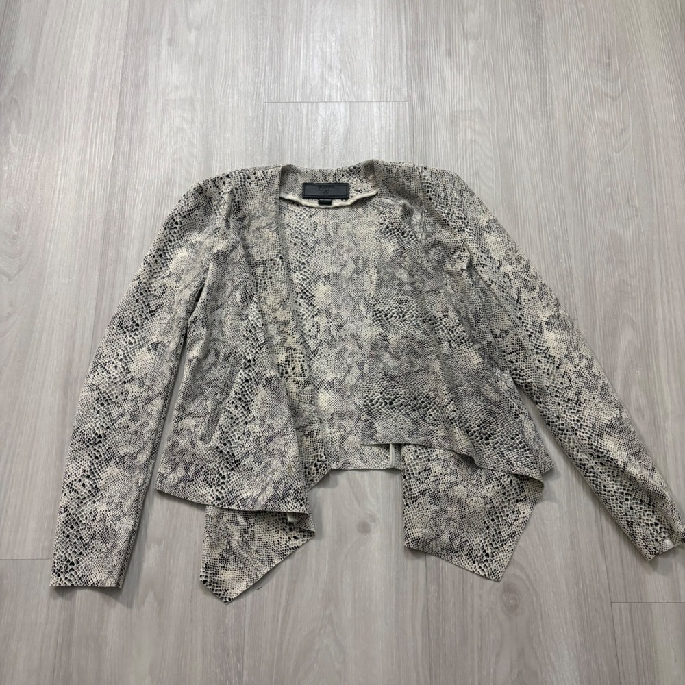 Blank NYC Jacket Women Snakeskin Print Open Front Draped Waterfall Grey Cream XS